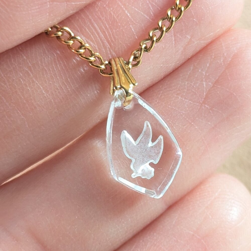 Miniature glass intaglio Holy dove pendant on gold tone chain